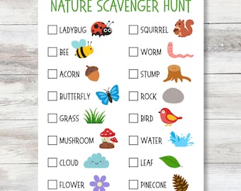 Natur Schnitzeljagd, druckbare Schatzsuche, Outdoor-Spiele für Kinder, Sommeraktivitäten