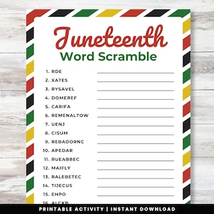 Juneteenth Word Scramble, Printable Game for Kids & Adults, Fun Juneteenth Party Activity, Classroom Worksheet, Black History Game