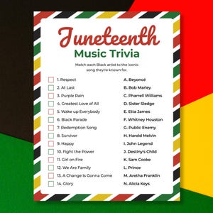 Pode incluir: Jogo de perguntas e respostas musicais do Juneteenth com uma borda vermelha, preta, verde e amarela. O jogo inclui uma lista de músicas e artistas para combinar. O título "Juneteenth" está em vermelho. O jogo celebra a música negra.