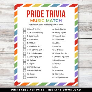 May include: A colorful Pride Trivia game with a rainbow border. The game features a list of iconic Pride songs and artists to match. The text "PRIDE TRIVIA MUSIC MATCH" is at the top. The bottom of the image reads "PRINTABLE ACTIVITY | INSTANT DOWNLOAD".