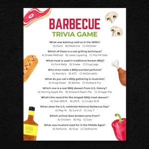 May include: A white poster with the title "BARBECUE TRIVIA GAME" in red and green. The poster includes trivia questions about barbecue, with illustrations of food items like a steak, hot dog, and BBQ sauce.