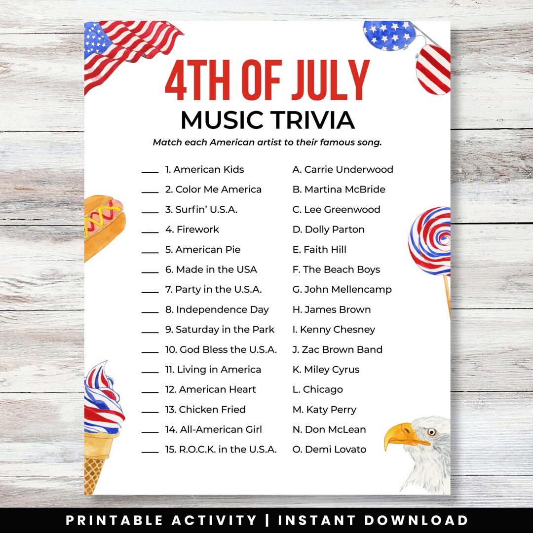 4th of July Music Trivia Game Printable, Fun American Song Quiz, July 4 ...