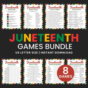 Puede incluir: Un paquete de ocho juegos del Juneteenth, que incluyen trivia, búsqueda de palabras y juegos de emparejamiento. Las tarjetas del juego tienen un esquema de color rojo, negro, amarillo y verde con bordes decorativos. El título "Juneteenth Games Bundle" se muestra en letras grandes y coloridas.