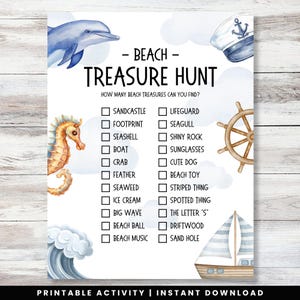 Beach Scavenger Hunt for Kids, Summer Treasure Hunt Game, Printable Beach Vacation Activity, Outdoor Beach Game for Kids & Families