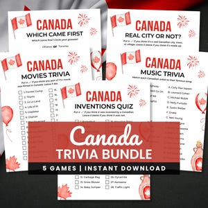 May include: A bundle of five Canada-themed trivia games with red and white accents. Each game features a Canadian flag and maple leaf design. The bundle includes trivia on movies, music, inventions, and more. The text "Canada Trivia Bundle" is prominently displayed.