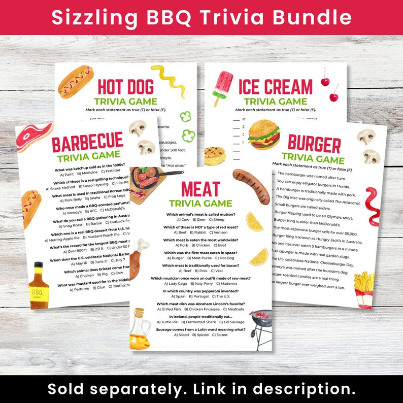 K&ouml;nnte beinhalten: Ein Sizzling BBQ Trivia Bundle mit vier bedruckten Spielb&ouml;gen mit den Titeln Hot Dog, Ice Cream, Barbecue und Meat Trivia Game. Jeder wei&szlig;e Bogen enth&auml;lt farbenfrohe Aquarellillustrationen von Lebensmitteln und Multiple-Choice-Fragen.