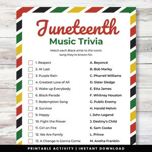 Juni Musik-Trivia-Spiel, Freiheitstag druckbar, Juni, Lied-Match-Aktivität für Kinder, Klassenzimmer, Büro und Ereignisse der schwarzen Geschichte