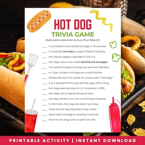 4. Juli Hot Dog Trivia Spiel Printable | Spaß Sommer Party Spiel für Hot Dog Tag, Geburtstage, Grillen, Camping | Sommer Familien Quiz