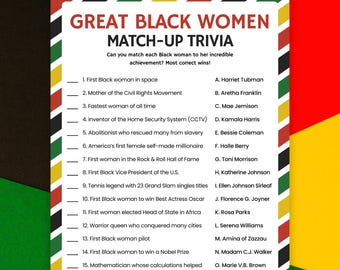 Black History Month Trivia, Famous Black Women Quiz, PRINTABLE Matching Game for Kids & Adults (Digital Download)