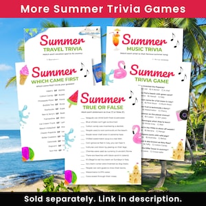 K&ouml;nnte beinhalten: Eine Sammlung von druckbaren Sommer-Quizspielen mit Themen wie Reisen, Musik sowie Richtig-oder-Falsch-Fragen. Die wei&szlig;en Bl&auml;tter enthalten bunte Illustrationen von Eiscreme, Flamingos, Sandburgen und Musiknoten.