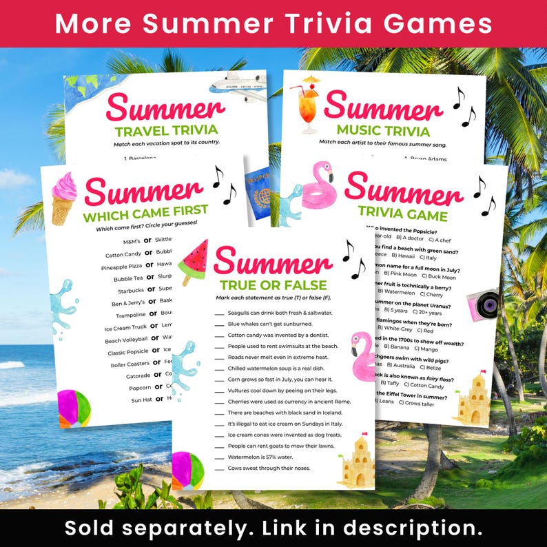 K&ouml;nnte beinhalten: Eine Sammlung von druckbaren Sommer-Quizspielen mit Themen wie Reisen, Musik sowie Richtig-oder-Falsch-Fragen. Die wei&szlig;en Bl&auml;tter enthalten bunte Illustrationen von Eiscreme, Flamingos, Sandburgen und Musiknoten.