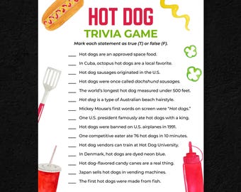 4. Juli Hot Dog Trivia Spiel Printable | Spaß Sommer Party Spiel für Hot Dog Tag, Geburtstage, Grillen, Camping | Sommer Familien Quiz
