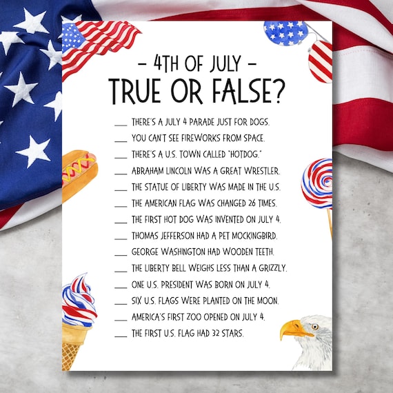 4th of July Trivia Game, Printable USA True or False Quiz, Family 4th of July Activity, Fourth of July Party Game, Independence Day Game