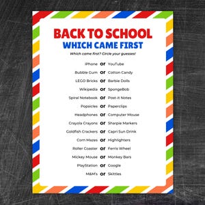 Back to School Printable Trivia Game – Which Came First | Fun First Day of School Activity for Kids, Teens, and Tweens | Teacher Resources