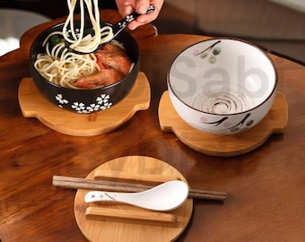 Japanese Ramen Bowl Set: Ceramic Utensils with Lid