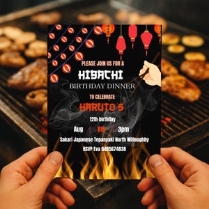 Hibachi invitation for hibachi dinner party with animated invite and Japanese chopsticks sushi invitation for Japanese party for boys