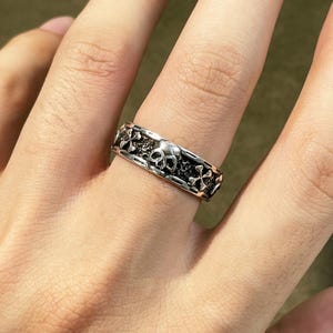 Adjustable 925 Silver Skull Ring, Punk Rock Skeleton Band, Gothic Jewelry for Men Women, Sterling Silver Skull Band, Dark Aesthetic Ring