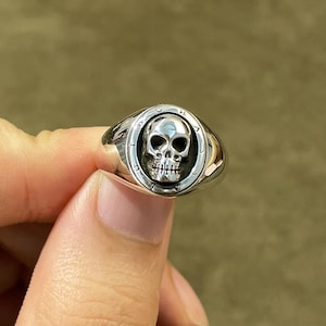 Sterling Silver Skull Signet Ring – Handmade Gothic Punk Ring for Men – Vintage Inspired Skeleton Jewelry – Biker Statement Ring