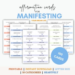 Cartes d'affirmation positive pour la confiance, l'abondance, les soins personnels, la carrière, citations manifestes de la loi de l'attraction, visualisation pour 10 catégories
