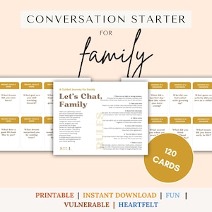 Op de afbeelding: Een kaartspel om gesprekken voor gezinnen op gang te brengen. De kaarten zijn ontworpen om zinvolle gesprekken op gang te brengen. De set bevat 120 kaarten met prompts. De woorden "Let's Chat, Family" staan op de voorkant van de doos. De woorden "Printable | Instant Download | Fun | Vulnerable | Heartfelt" staan ook afgebeeld.