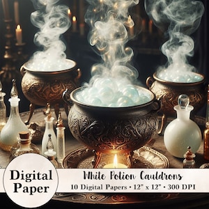 May include: Ten digital papers featuring three ornate gold cauldrons filled with white potion bubbles and smoke. The cauldrons are on a wooden table with candles and glass bottles. The text "White Potion Cauldrons" and "10 Digital Papers 12" x 12" 300 DPI" is at the bottom of the image.