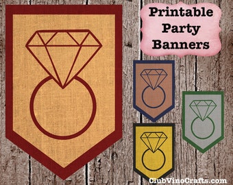 May include: Printable party banners featuring a diamond ring design. The banners are in red, blue, green, and yellow.