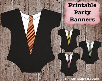 Wizard Printable Baby Shower Banners - Tie and Robes Onesie Pennants - 4 House Multi Pack - Instant Digital Download