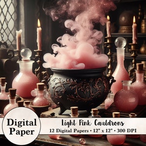 Puede incluir: Doce papeles digitales con un caldero negro del que sale humo rosa. El caldero está rodeado de botellas de vidrio llenas de líquido rosa y velas. El texto "Light Pink Cauldrons" y "12 Digital Papers 12" x 12" 300 DPI" está en la parte inferior de la imagen.