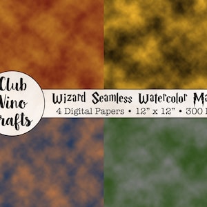 May include: Four digital papers with a watercolor marble pattern in shades of orange, yellow, blue, and green. The papers are 12 inches by 12 inches and 300 DPI. The text "Wizard Seamless Watercolor Marble" is at the top of the image.