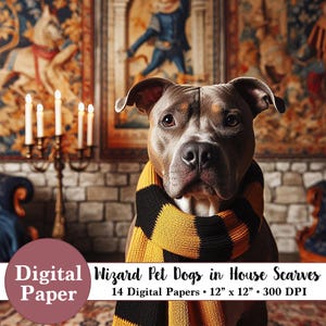 14 digitale tovenaarspapieren - tovenaarshonden met gele en zwarte sjaals in huiskleuren - directe digitale download