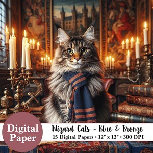 15 digitale Wizard Papers - Wizard Cats met blauwe en bronzen sjaals in huiskleuren - Instant digitale download