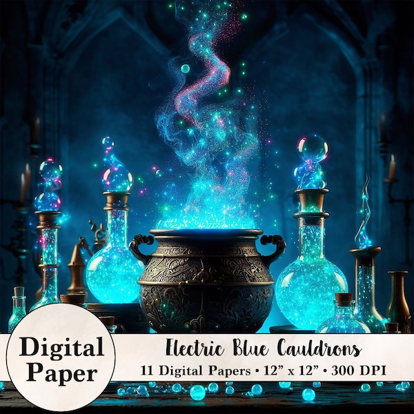 11 Wizard Digital Papers - Electric Blue Cauldrons - Instant Digital Download