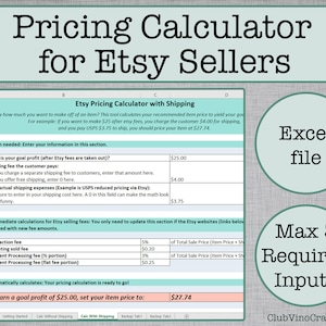 Peut inclure: Une feuille de calcul avec un schéma de couleurs vert et blanc, intitulée "Calculateur de prix pour les vendeurs Etsy". La feuille de calcul est conçue pour aider les vendeurs Etsy à calculer leur marge bénéficiaire et à déterminer le prix de leurs articles. La feuille de calcul comprend une section pour saisir des informations sur l'article, telles que le bénéfice objectif, les frais d'expédition et les frais Etsy. La feuille de calcul comprend également une section pour calculer le prix final de l'article.