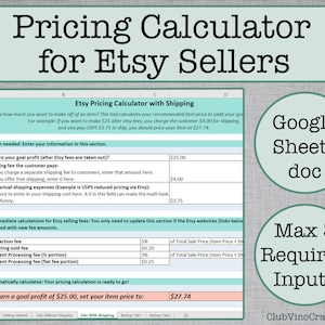Peut inclure: Un tableur Google Sheets avec un calculateur de prix pour les vendeurs Etsy. Le tableur comprend des champs pour le profit objectif, les frais d'expédition et les frais Etsy. Le calculateur calcule automatiquement le prix de l'article recommandé pour atteindre le profit souhaité.