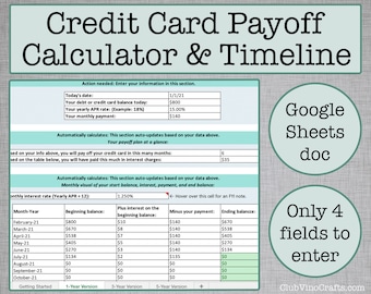Google Sheets Credit Card Payoff Calculator and Timeline - Easy Financial Tracker Spreadsheet - Visualize Debt Payments - Plan Your Finances