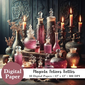 10 carte digitali Wizard - Bottiglie di pozioni rosa magenta - Download digitale istantaneo