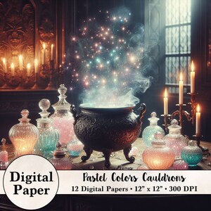 12 Wizard Digital Papers - Pastel Colors Cauldrons - Instant Digital Download