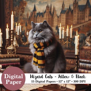 15 digitale Wizard Papers - Wizard Cats met gele en zwarte sjaals in huiskleuren - Instant digitale download