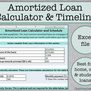 Puede incluir: Una hoja de cálculo verde y blanca con el título "Amortized Loan Calculator & Timeline". La hoja de cálculo es una plantilla para calcular los pagos de préstamos e incluye campos para ingresar el monto del préstamo, la tasa de interés y el plazo del préstamo. La hoja de cálculo también incluye una sección para calcular automáticamente el pago mensual y el interés total pagado. La hoja de cálculo está etiquetada como "Archivo Excel" y se describe como "Ideal para préstamos hipotecarios, de automóviles y estudiantiles".