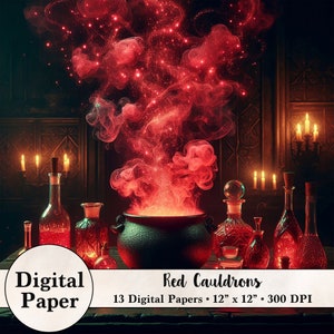 May include: 13 digital papers featuring a red cauldron with red smoke and glowing embers, surrounded by glass bottles filled with red liquid, in a dark room with candles. The papers are 12 inches by 12 inches and 300 DPI. Red Cauldrons.