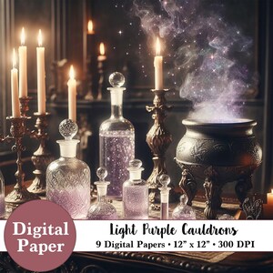 10 papeles digitales de magos: calderos y pociones de color violeta claro: descarga digital instantánea