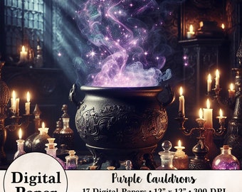17 Wizard Digital Papers - Purple Cauldrons - Instant Digital Download