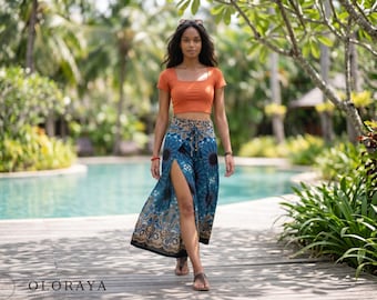 Tropical Navy Feather Wide Leg Wrap Pants Cruise Wear Pants for Women