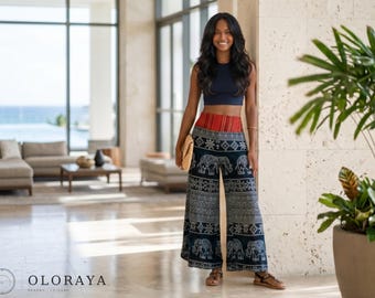 Gypsy Dark Teal Elephant Tribal Waist Palazzo Pants Resort Holiday for Her