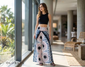 Hippie Pink-Blue Mandala High Slit Wide Leg Pants Summer Brunch for Women
