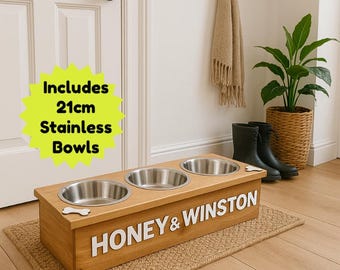 Personalized Elevated Triple Dog Feeding Station, Solid Wood, Stainless Steel Bowls