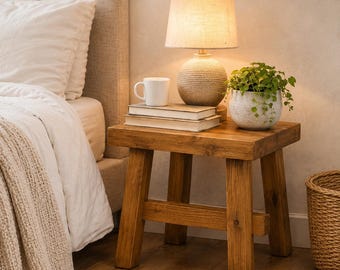 Rustic Wooden Bedside Table | Small Wooden Side Table | Farmhouse Nightstand | Bedroom Decor Stool | Compact Wood Table