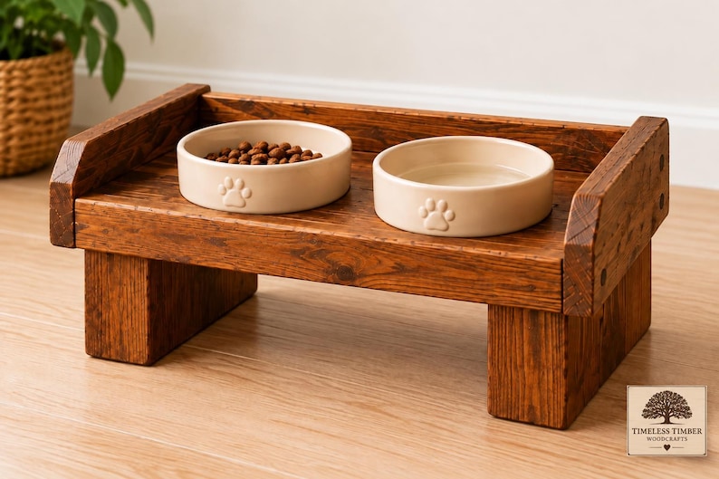 Pet Bowl Stand | Elevated Dog Cat Feeding Stand | Wooden Pet Feeding Station | Raised Pet Bowls | Handmade Solid Pine | Custom Height & Size