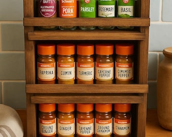 Rustic Farmhouse Wooden Spice Rack Wall Mount or Countertop Organiser for Spice Jars