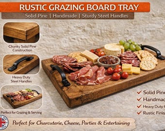 Rustic Wooden Serving Grazing Board – Chunky Timber Serving Tray with Cast Black Handles